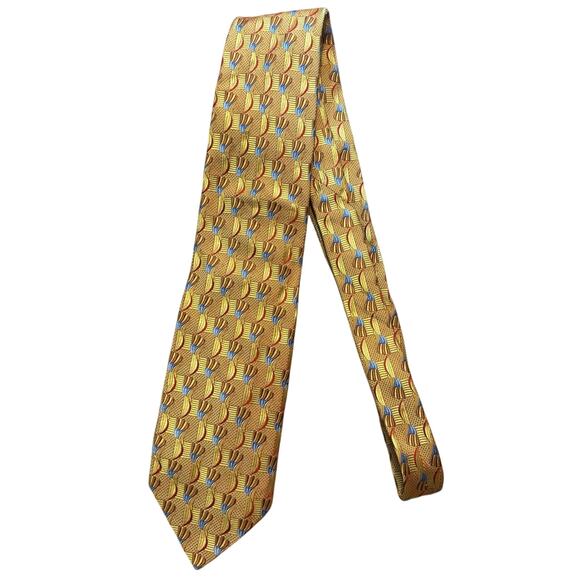 Peter Millar Silk Tie Geometric Pattern Yellow Gold Blue - Picture 1 of 6